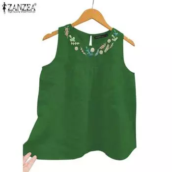 ZANZEA Женские повседневные майки без рукавов с круглым вырезом и вышивкой 4XL белый