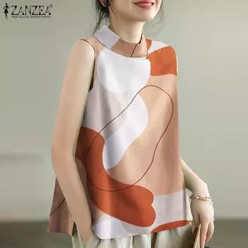 ZANZEA Женские повседневные майки без рукавов с круглым вырезом и принтом 3XL синий