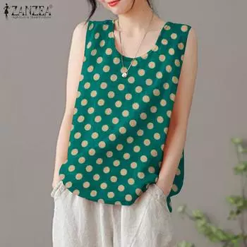 ZANZEA Женские повседневные майки без рукавов с круглым вырезом и принтом в горошек 3XL белый