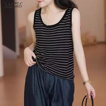 ZANZEA Женские повседневные майки без рукавов с U-образным вырезом в полоску S чёрный