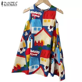 ZANZEA Женские повседневные майки без рукавов с круглым вырезом и мультяшным принтом S синий