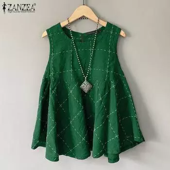 ZANZEA Женские повседневные майки без рукавов с круглым вырезом и свободным узором в клетку 4XL темно-синий