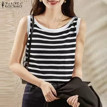 ZANZEA Женские повседневные майки без рукавов с круглым вырезом в полоску на лето M красный