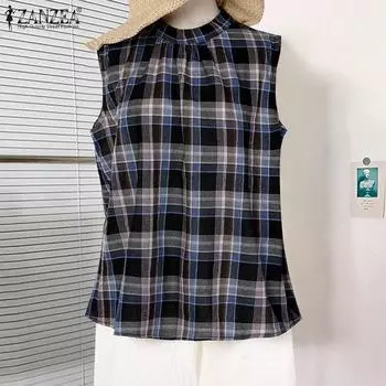 ZANZEA Женские повседневные майки без рукавов с воротником-стойкой и клетчатым принтом на лето M синий