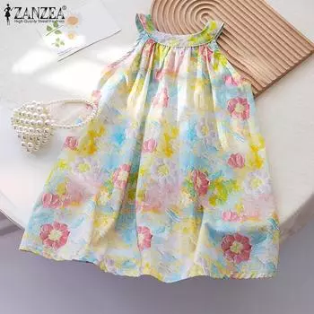 ZANZEA Женские повседневные майки без рукавов с круглым вырезом и цветочным принтом M жёлтый