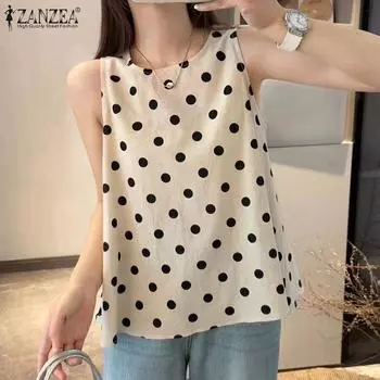 ZANZEA Женские повседневные майки без рукавов с круглым вырезом и принтом в горошек S оранжевый