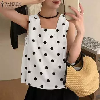 ZANZEA Женские повседневные майки без рукавов с квадратным воротником в горошек XL белый