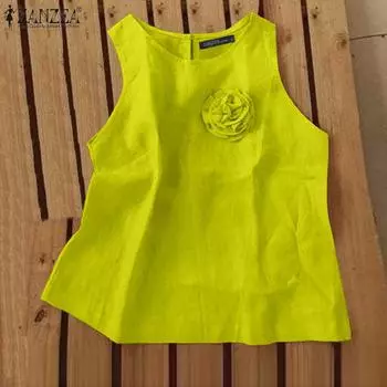 ZANZEA Женские повседневные майки без рукавов с круглым вырезом и 3D цветами S жёлтый