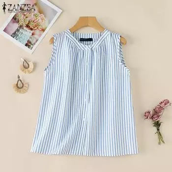 ZANZEA Женские повседневные майки без рукавов с круглым вырезом и полосатым принтом S чёрный