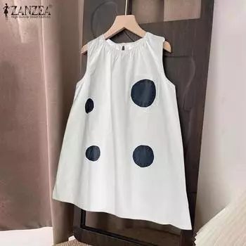 ZANZEA Женские повседневные майки без рукавов с круглым вырезом и принтом в горошек M чёрный