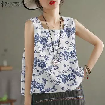 ZANZEA Женские повседневные майки без рукавов с квадратным воротником и летним принтом 4XL синий