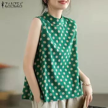 ZANZEA Женские повседневные майки без рукавов с принтом в горошек S зелёный