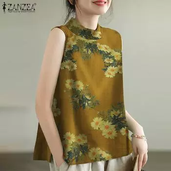 ZANZEA Женские повседневные майки без рукавов с круглым вырезом и летним принтом 3XL жёлтый