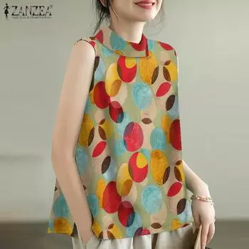 ZANZEA Женские повседневные майки без рукавов с круглым вырезом и летним принтом 4XL красный