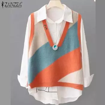 ZANZEA Женские повседневные майки без рукавов с принтом и V-образным вырезом 4XL оранжевый