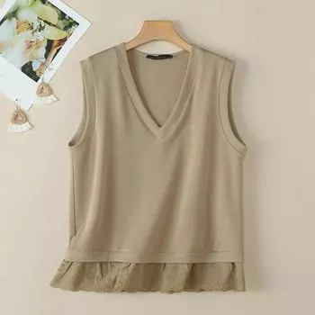 ZANZEA Женские повседневные майки без рукавов с V-образным вырезом в стиле пэчворк S хаки