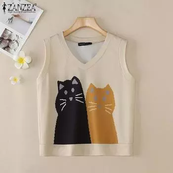 ZANZEA Женские повседневные майки без рукавов с V-образным вырезом и принтом S чёрный