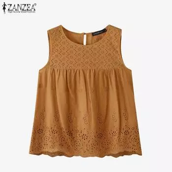 ZANZEA Женские повседневные майки без рукавов с круглым вырезом и вышивкой крючком на лето XL жёлтый