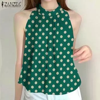 ZANZEA Женские повседневные майки без рукавов с круглым вырезом и летним принтом S зелёный