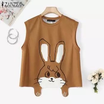 ZANZEA Женские повседневные майки без рукавов с круглым вырезом и принтом из мультфильмов S верблюд