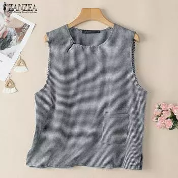 ZANZEA Женские повседневные майки с круглым вырезом и рукавами в клетку 3XL синий