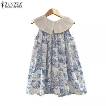 ZANZEA Женские повседневные летние майки без рукавов с принтом и воротником-куклой L синий