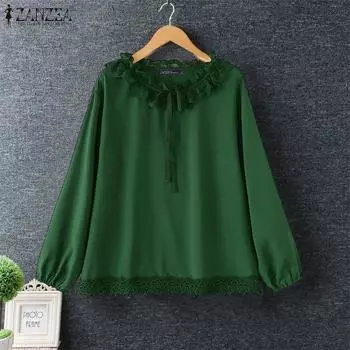 ZANZEA Женские повседневные однотонные блузки с кружевными лацканами и длинным рукавом M жёлтый