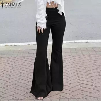 ZANZEA женские повседневные однотонные длинные брюки-клеш с эластичной резинкой на талии