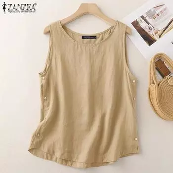 ZANZEA Женские повседневные однотонные летние топы без рукавов с круглым вырезом 4XL белый