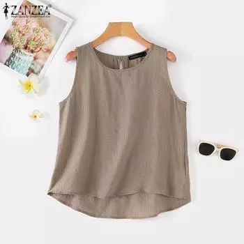 ZANZEA Женские повседневные однотонные летние топы без рукавов с круглым вырезом 4XL чёрный