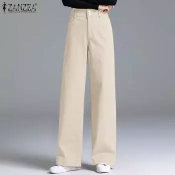 ZANZEA Женские повседневные однотонные прямые брюки со средней талией и карманами S коричневый