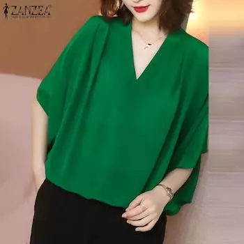ZANZEA Женские повседневные однотонные свободные блузки с v-образным вырезом и рукавами «летучая мышь» 3/4 S зелёный