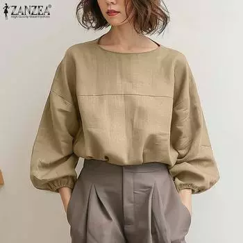 ZANZEA Женские повседневные однотонные свободные блузки с круглым вырезом и рукавами 3/4 5XL хаки