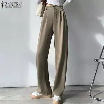 ZANZEA Женские повседневные однотонные свободные длинные брюки на молнии M зелёный