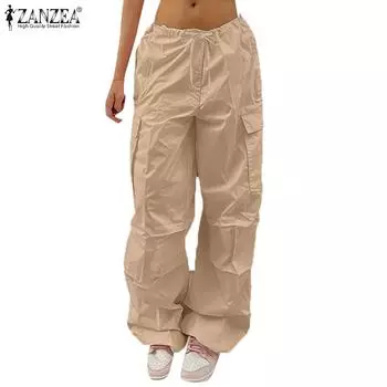 ZANZEA Женские повседневные однотонные свободные длинные брюки с завязками на талии S чёрный