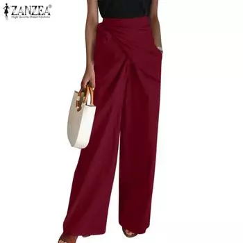 ZANZEA Женские повседневные однотонные свободные длинные брюки с высокой талией S темно-красного