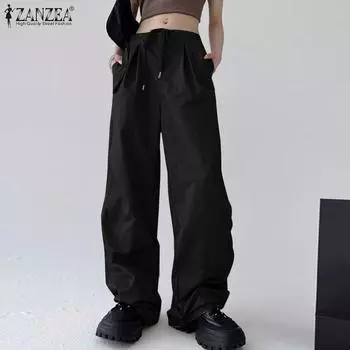 ZANZEA Женские повседневные однотонные свободные длинные брюки с завязками S чёрный