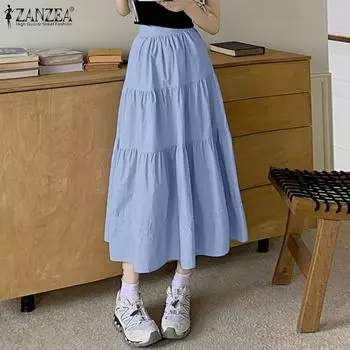 ZANZEA Женские повседневные однотонные свободные длинные юбки А-силуэта M чёрный
