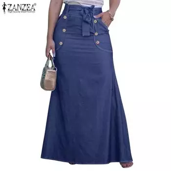 ZANZEA Женские повседневные однотонные свободные длинные юбки 4XL синий