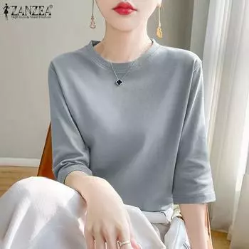 ZANZEA Женские повседневные однотонные свободные футболки с круглым вырезом и коротким рукавом 4XL зелёный