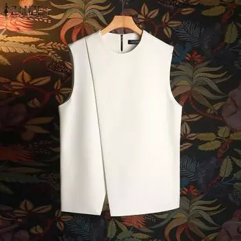 ZANZEA женские повседневные однотонные свободные майки без рукавов с круглым вырезом и наклонными лацканами S чёрный