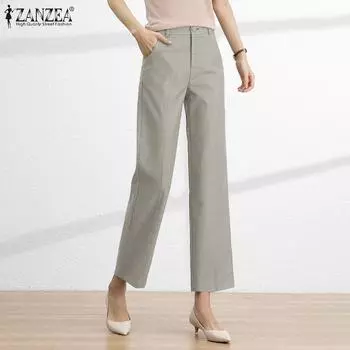 ZANZEA Женские повседневные однотонные свободные прямые брюки средней посадки M чёрный