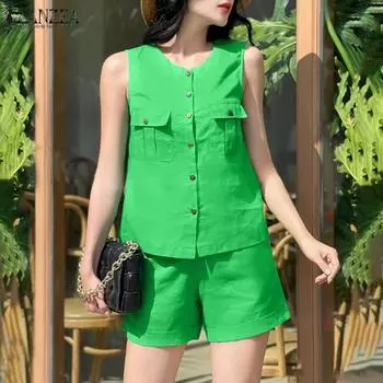 ZANZEA Женские повседневные однотонные свободные топы и шорты без рукавов с круглым вырезом 5XL зелёный