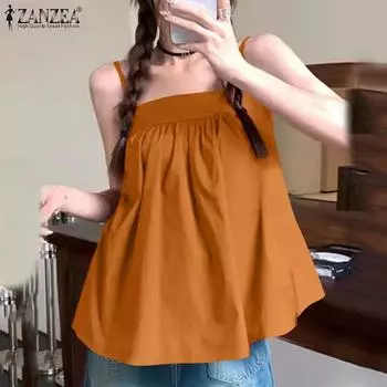 ZANZEA Женские повседневные однотонные свободные трапециевидные подтяжки без рукавов с открытыми плечами
