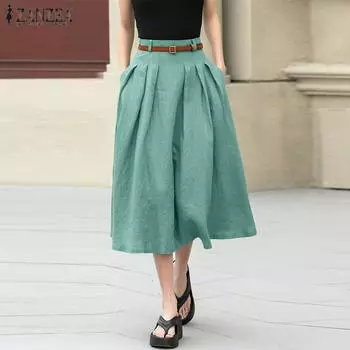 ZANZEA Женские повседневные однотонные свободные юбки миди с эластичной резинкой на талии L зелёный