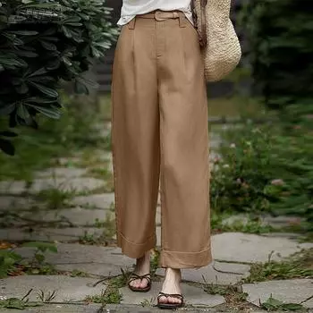 ZANZEA Женские повседневные однотонные свободные укороченные брюки с эластичной резинкой на талии S чёрный