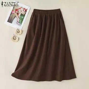 ZANZEA Женские повседневные однотонные свободные вельветовые длинные юбки с эластичной резинкой на талии S чёрный