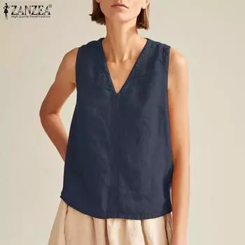 ZANZEA Женские повседневные однотонные топы без рукавов с v-образным вырезом 4XL зелёный