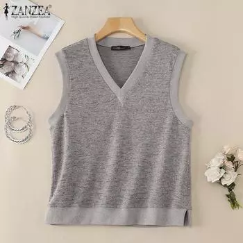 ZANZEA Женские повседневные однотонные топы без рукавов с V-образным вырезом S чёрный