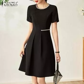 ZANZEA Женские повседневные платья А-силуэта с круглым вырезом и короткими рукавами XL бежевый